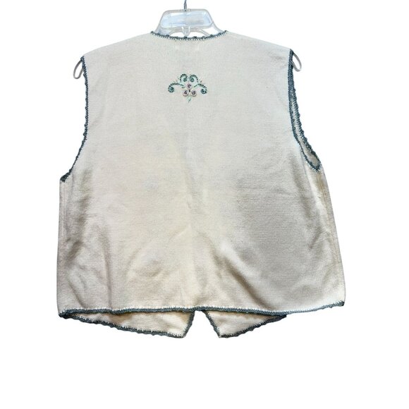 Koret Womens Embroidered Floral Vest L Ivory Green Purple Pearl Button Croquette - Picture 9 of 14